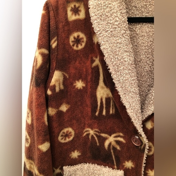 Safari Animal Fleece Teddy Bear Sherpa Jacket Brown Giraffe Elephant Size Large - Picture 2 of 16